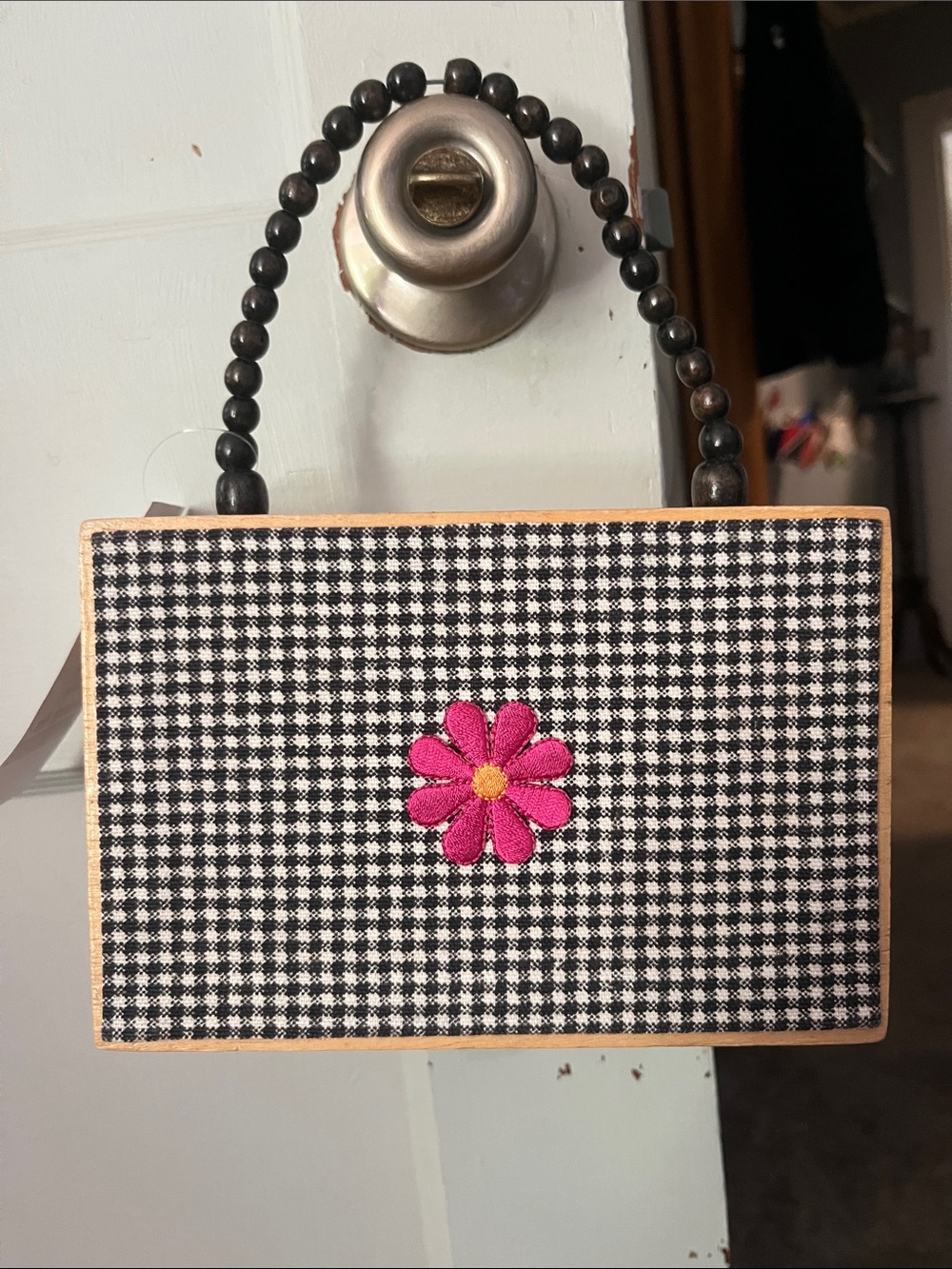 Black & White Gingham Mini custom Cigar Box Handbag with Pink Floral Accent